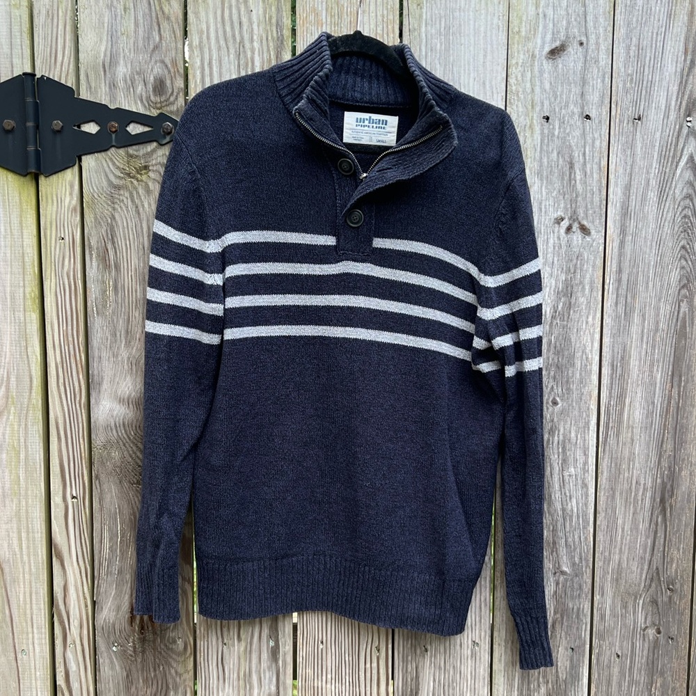 URBAN PIPELINE Navy Gray Striped Mock Neck Sweater Mens Small